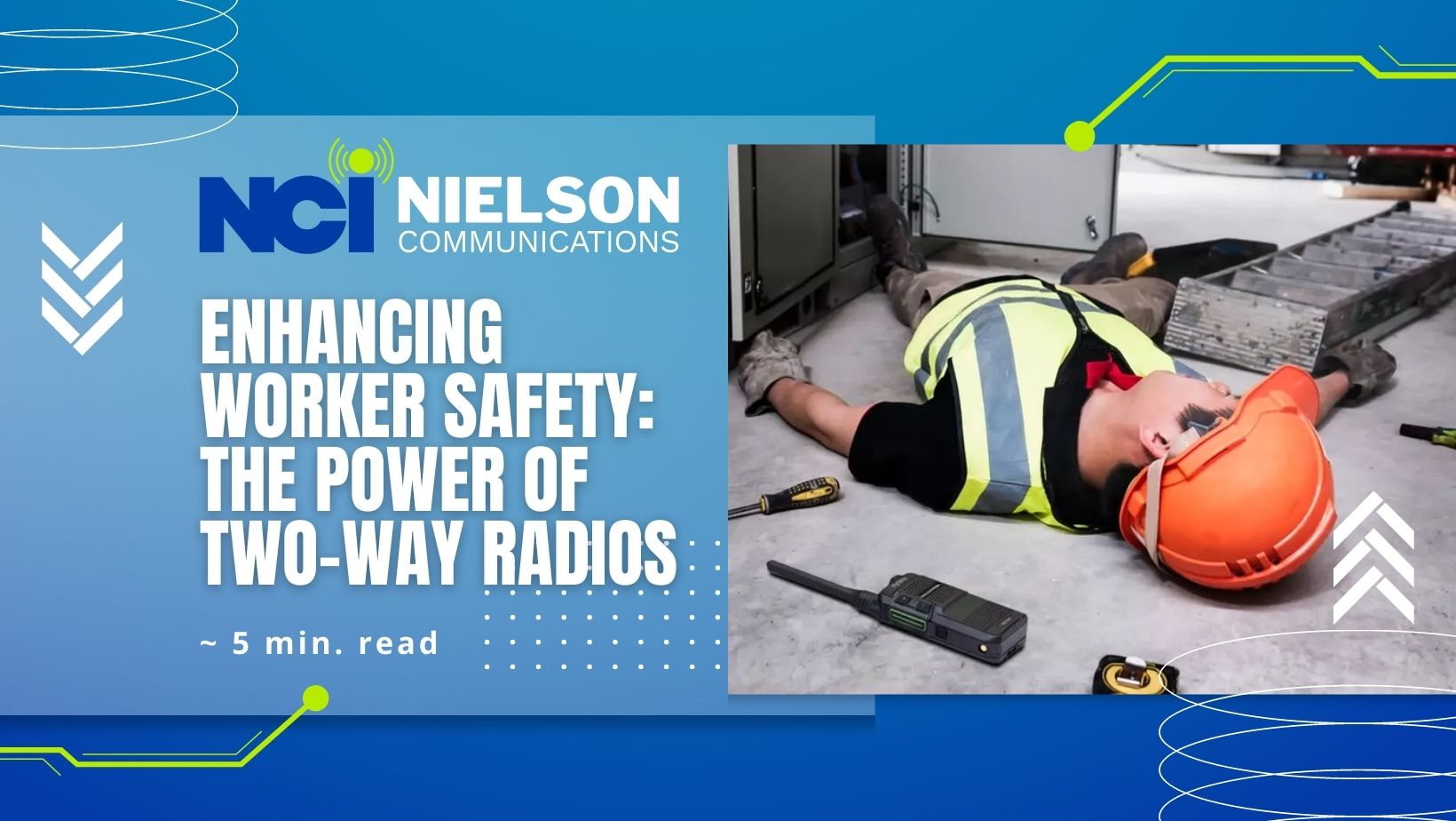 Fallen worker with tools, a ladder, and a two-way radio laying on the floor