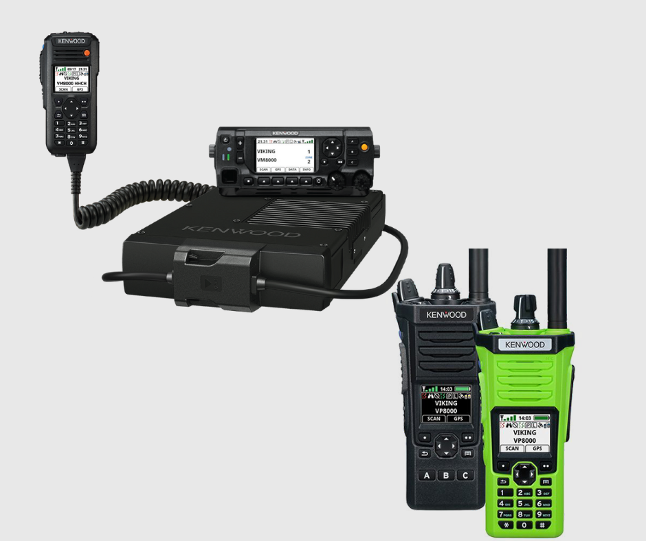Front view of an L3Harris XL 400P portable two-way radio with hi-vis green mic attachment