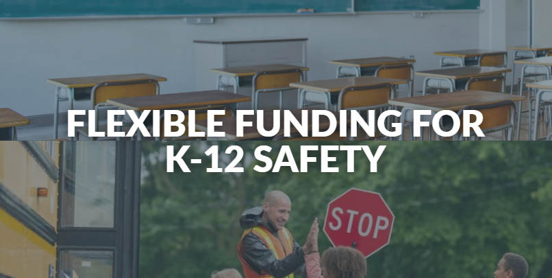 K-12 school building and yellow school bus fleet equipped with two-way radio communication.